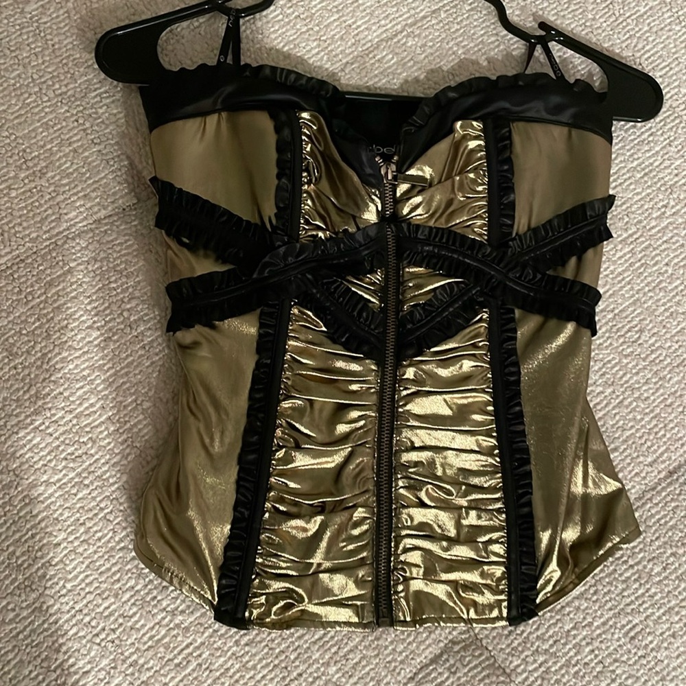 Bebe gold and black metallic corset bustier Statement top with zipper
